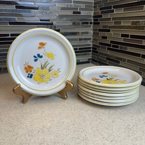 VTG 1970s Mikado‎ Gaiety #202 Stoneware 7.5" Plates Set of 8 Floral Japan Retro